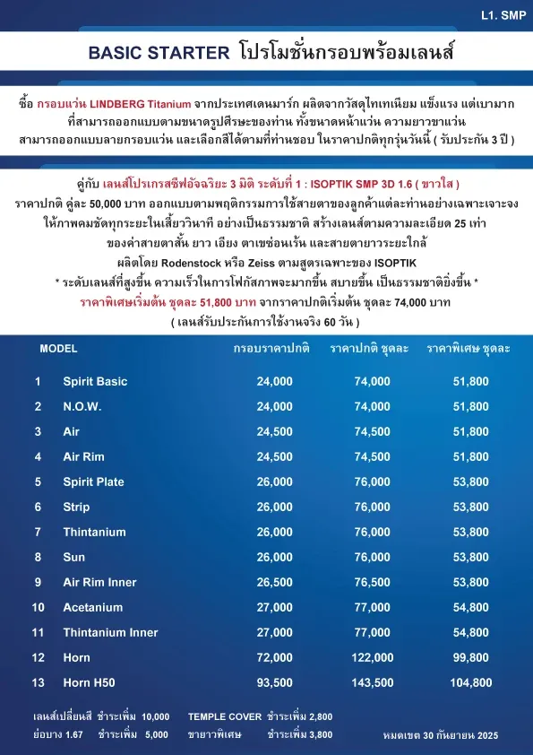 กรอบแว่น LINDBERG Titanium จากเดนมาร์ก ปรับขนาดได้เฉพาะบุคคล เพื่อความพอดีและสวมใส่สบาย พร้อมกับ เลนส์โปรเกรสซีฟเฉพาะบุคคลอย่างยิ่งยวด ISOPTIK SMP ย่อบาง 1.6 Blue Block Lab เยอรมัน